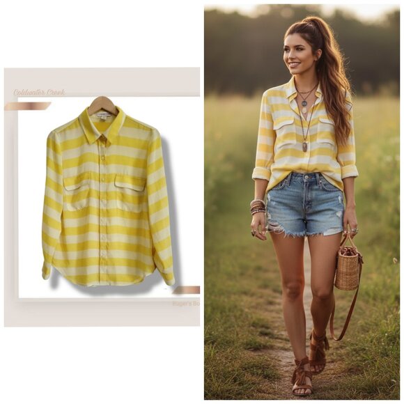 🌿Coldwater Creek  Women's 10/12 Sunny Stripe Blouse - Chic & Boho! 🌻✨ - Picture 1 of 12